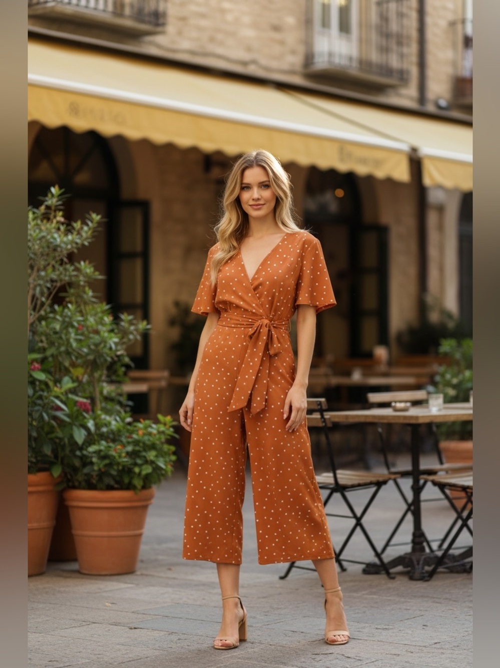 Stylestalker Jumpsuit Ginger Orange Polka Dot Short Sleeve V-neck Wide leg M